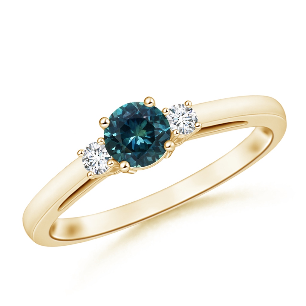 5mm AAA Round Teal Montana Sapphire & Diamond Three Stone Engagement Ring in Yellow Gold