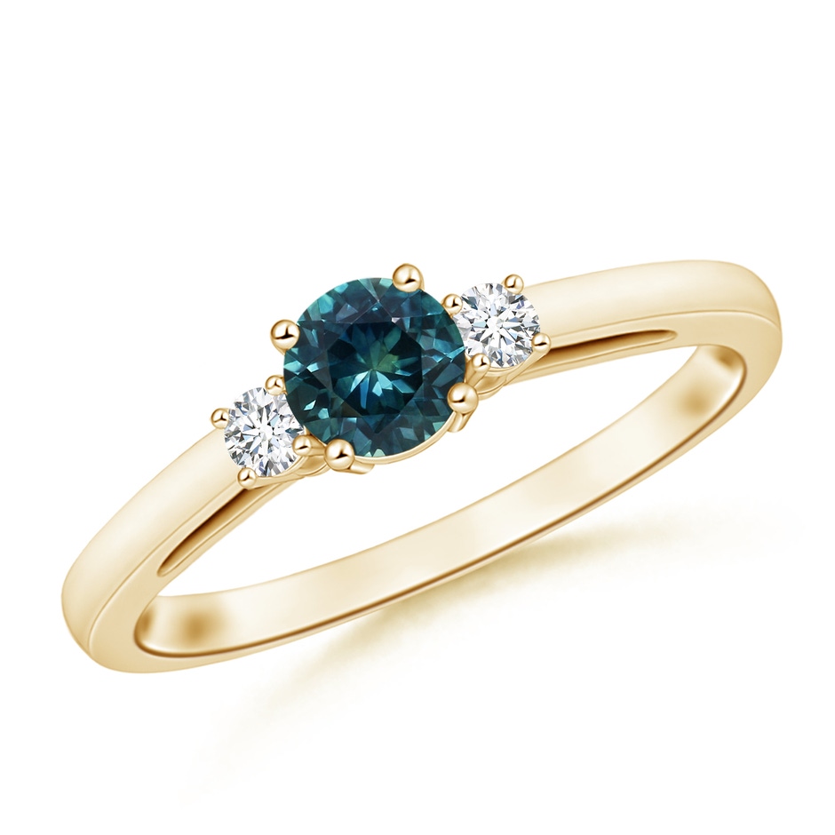 5mm AAA Round Teal Montana Sapphire & Diamond Three Stone Engagement Ring in Yellow Gold 