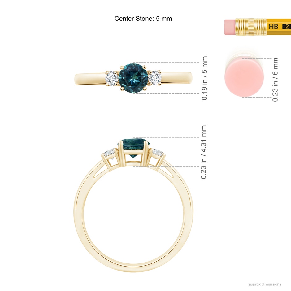 5mm AAA Round Teal Montana Sapphire & Diamond Three Stone Engagement Ring in Yellow Gold ruler
