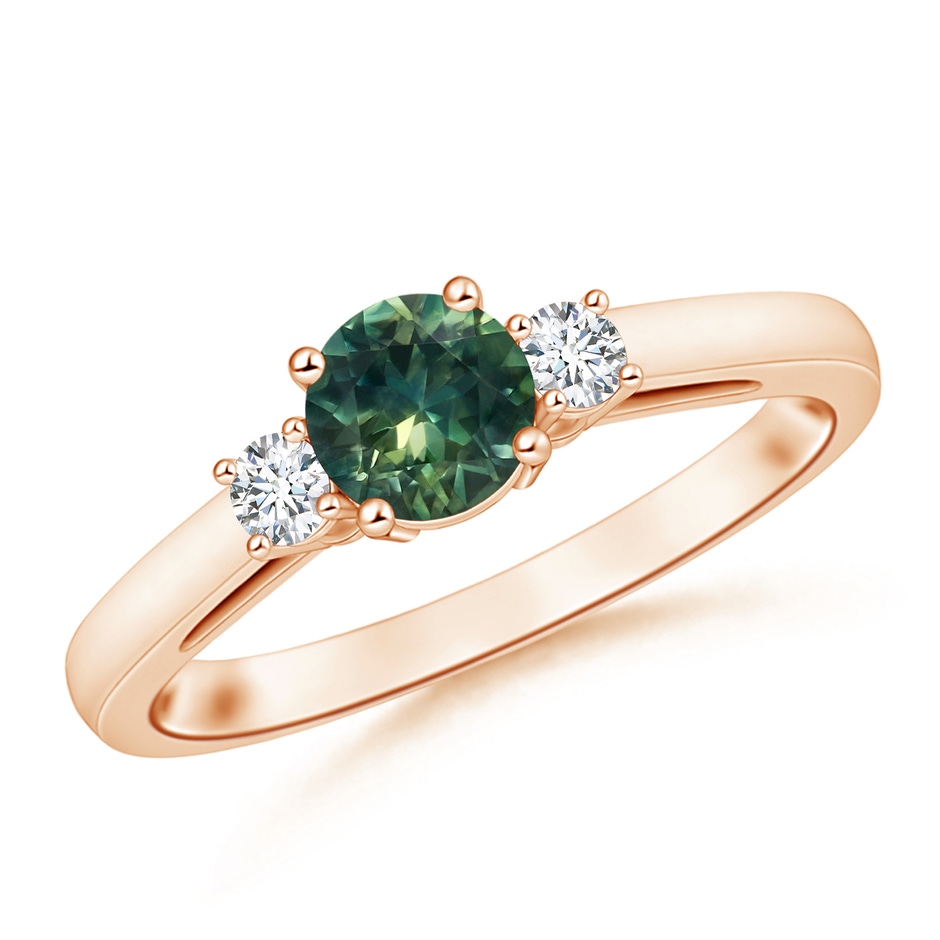 6mm AA Round Teal Montana Sapphire & Diamond Three Stone Engagement Ring in 18K Rose Gold 
