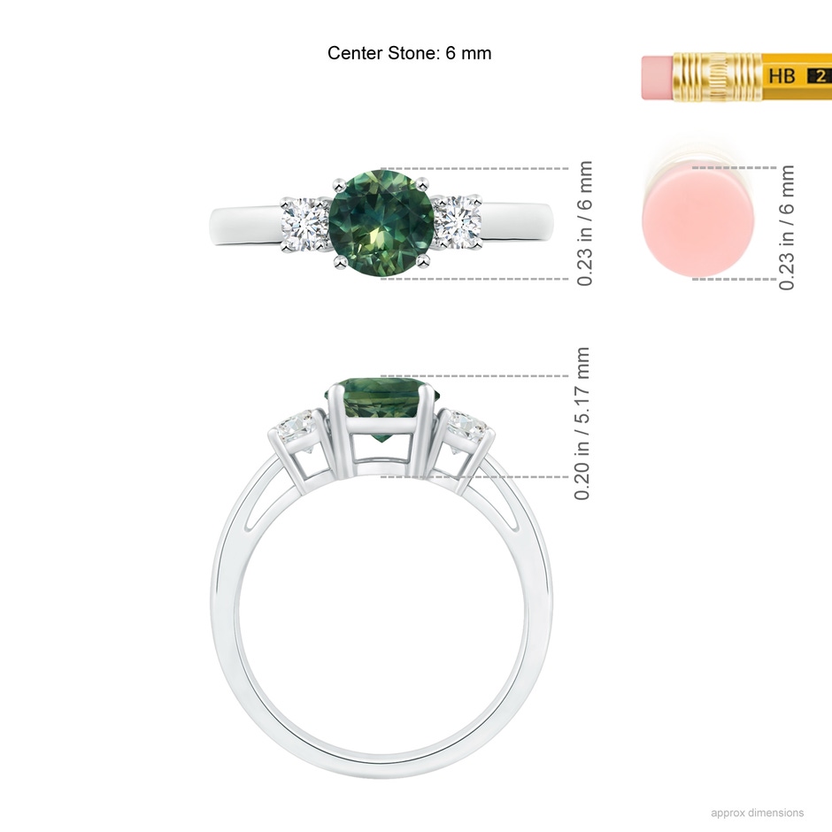 6mm AA Round Teal Montana Sapphire & Diamond Three Stone Engagement Ring in P950 Platinum ruler