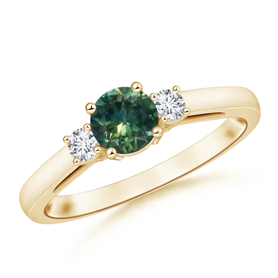 6mm AA Round Teal Montana Sapphire & Diamond Three Stone Engagement Ring in Yellow Gold 