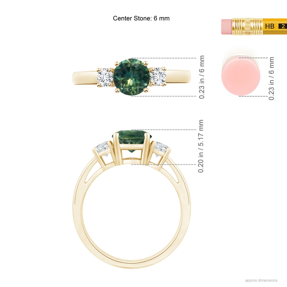 6mm AA Round Teal Montana Sapphire & Diamond Three Stone Engagement Ring in Yellow Gold ruler
