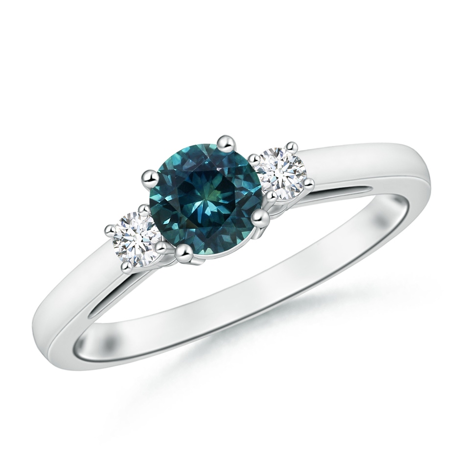 6mm AAA Round Teal Montana Sapphire & Diamond Three Stone Engagement Ring in 18K White Gold 