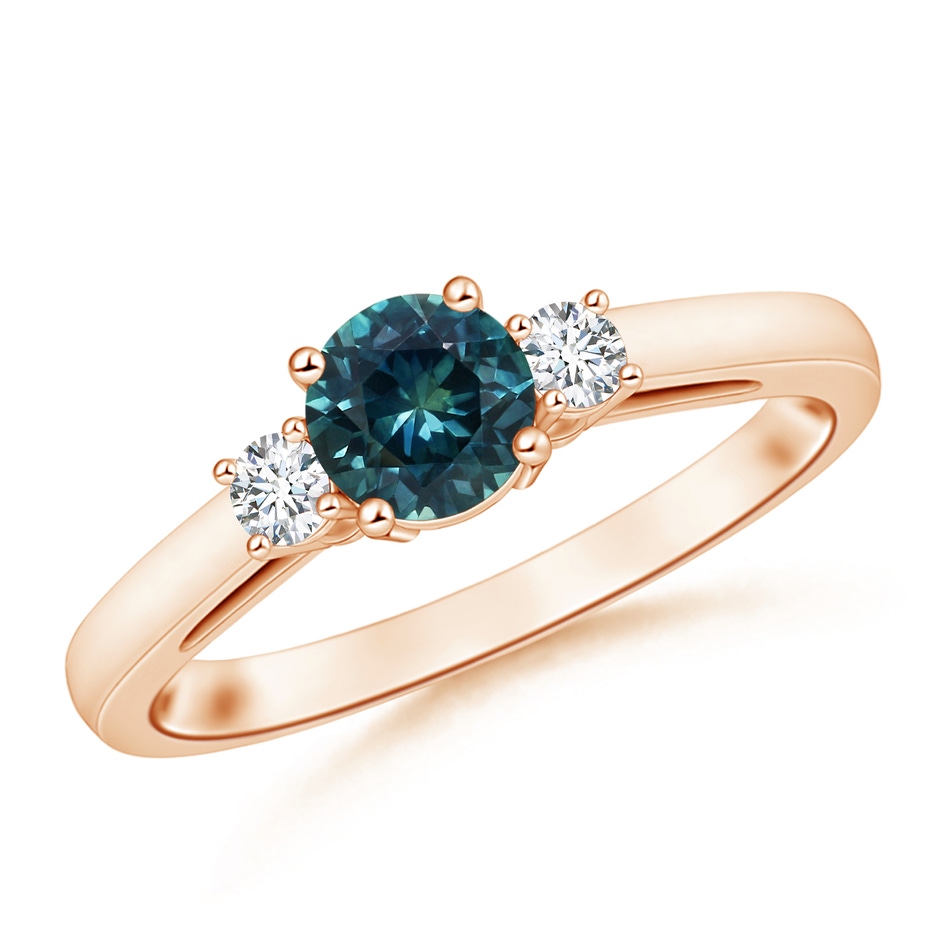 6mm AAA Round Teal Montana Sapphire & Diamond Three Stone Engagement Ring in Rose Gold 