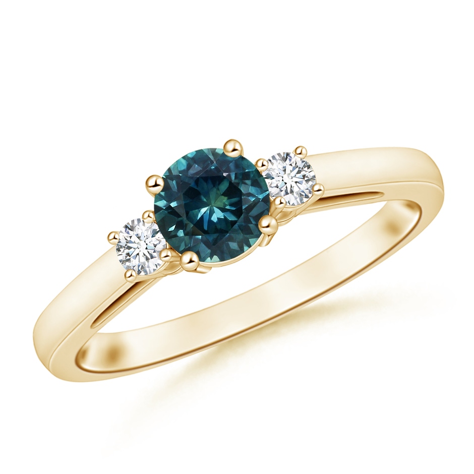 6mm AAA Round Teal Montana Sapphire & Diamond Three Stone Engagement Ring in Yellow Gold 