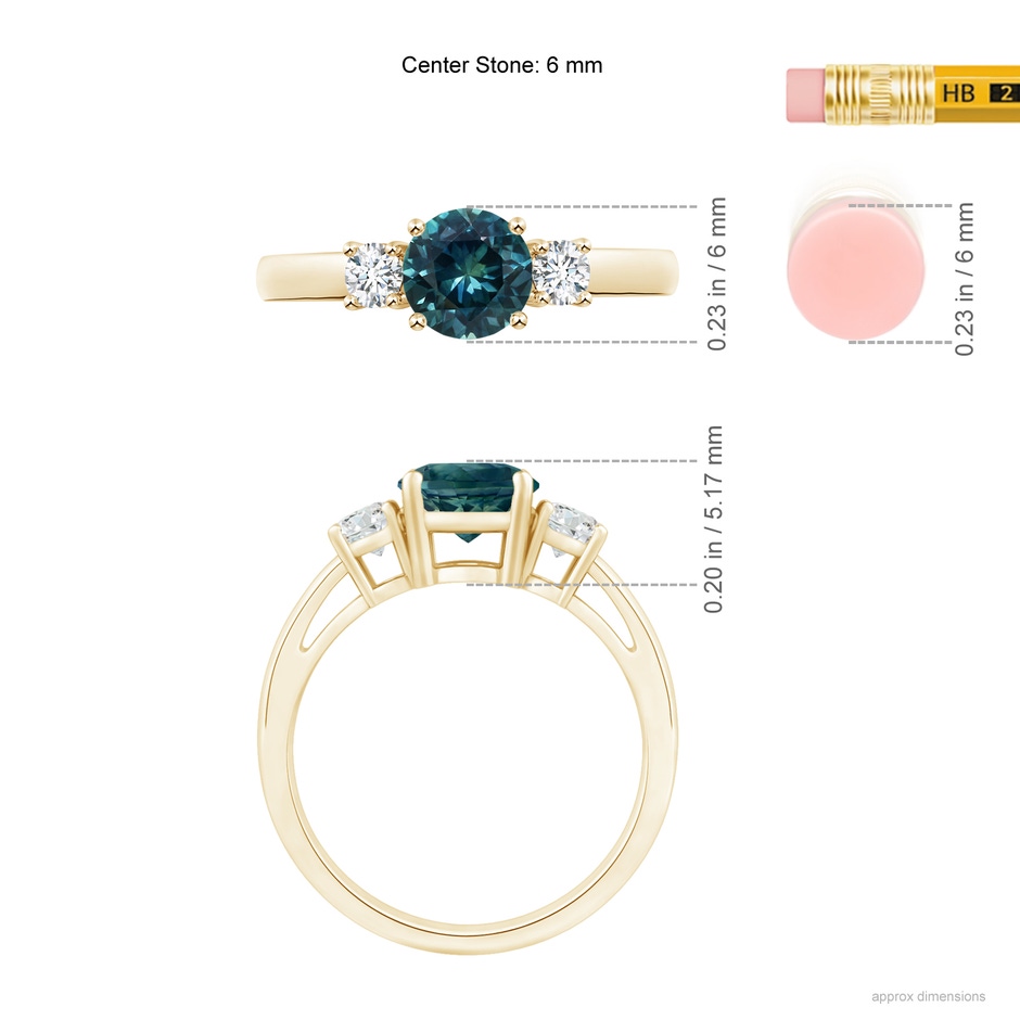 6mm AAA Round Teal Montana Sapphire & Diamond Three Stone Engagement Ring in Yellow Gold ruler