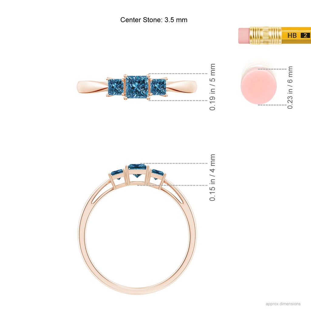 3.5mm AAA Three Stone Princess-Cut Blue Diamond Ring in Rose Gold Ruler