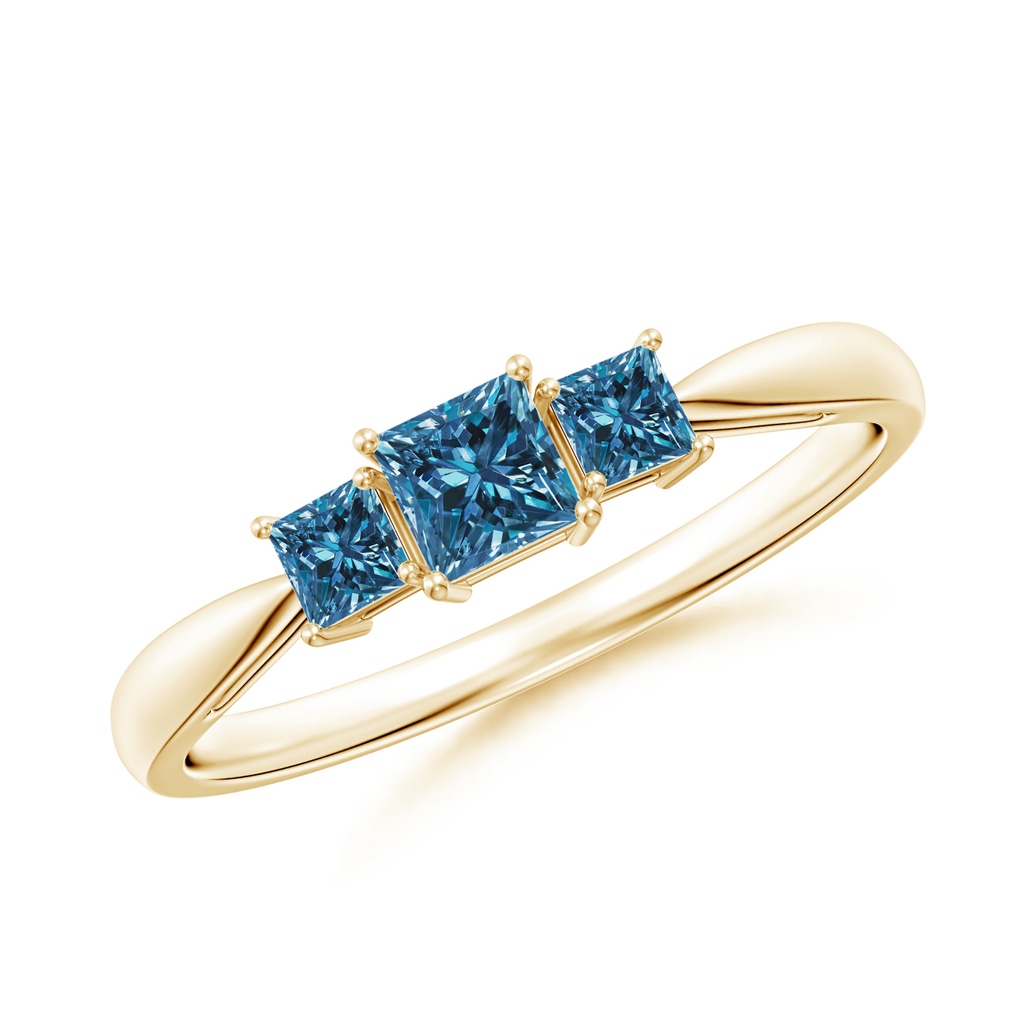 3.5mm AAA Three Stone Princess-Cut Blue Diamond Ring in Yellow Gold