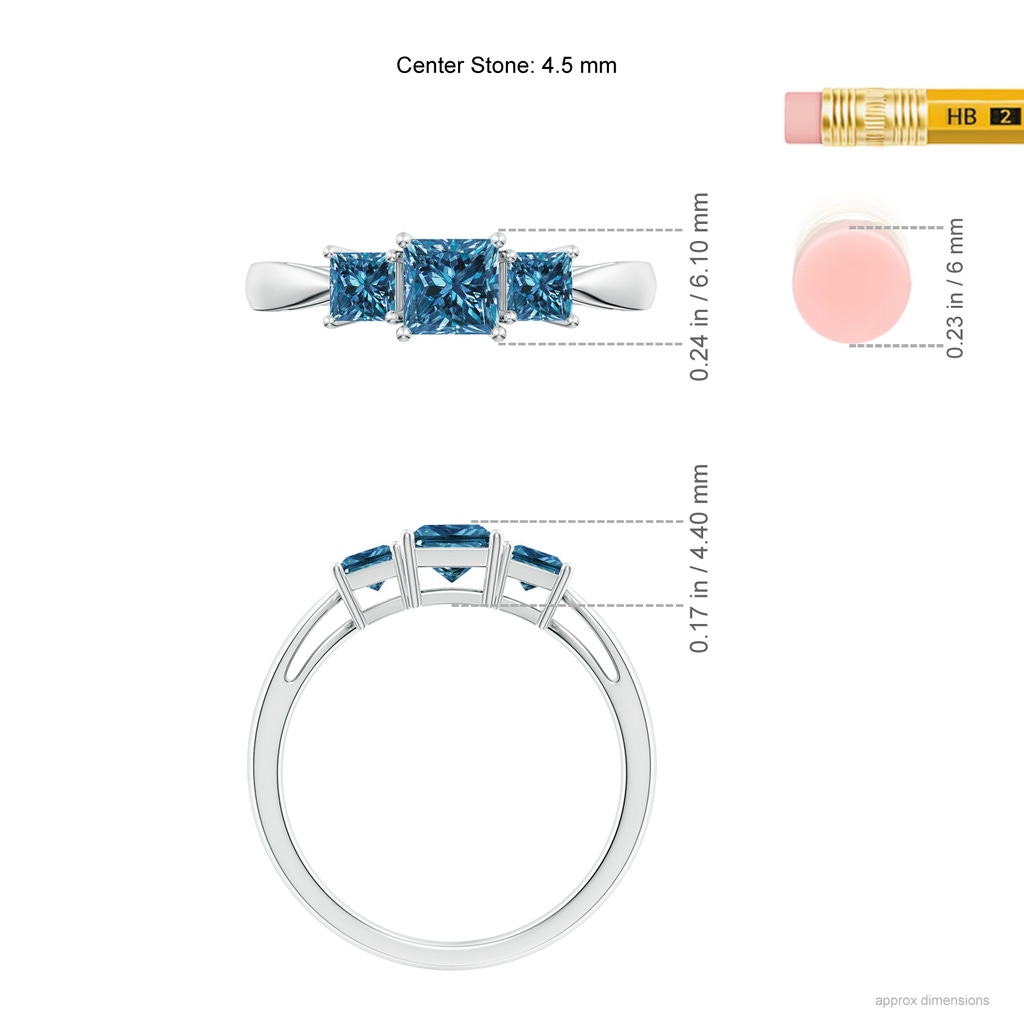 4.5mm AAA Three Stone Princess-Cut Blue Diamond Ring in White Gold Ruler