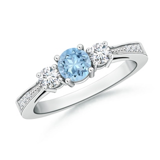 5mm AAA Cathedral Three Stone Aquamarine & Diamond Engagement Ring in White Gold