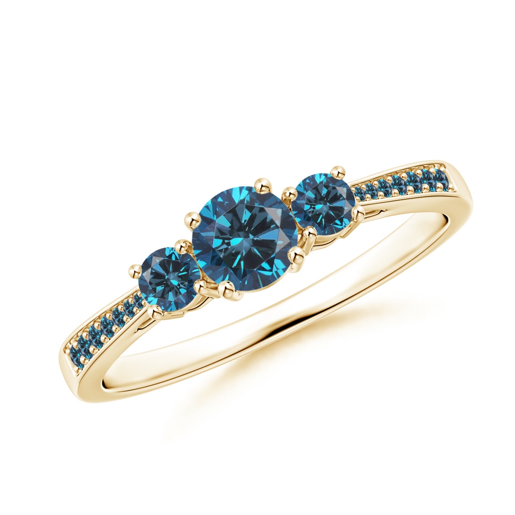 4.2mm AAA Cathedral Three Stone Blue Diamond Engagement Ring in Yellow Gold
