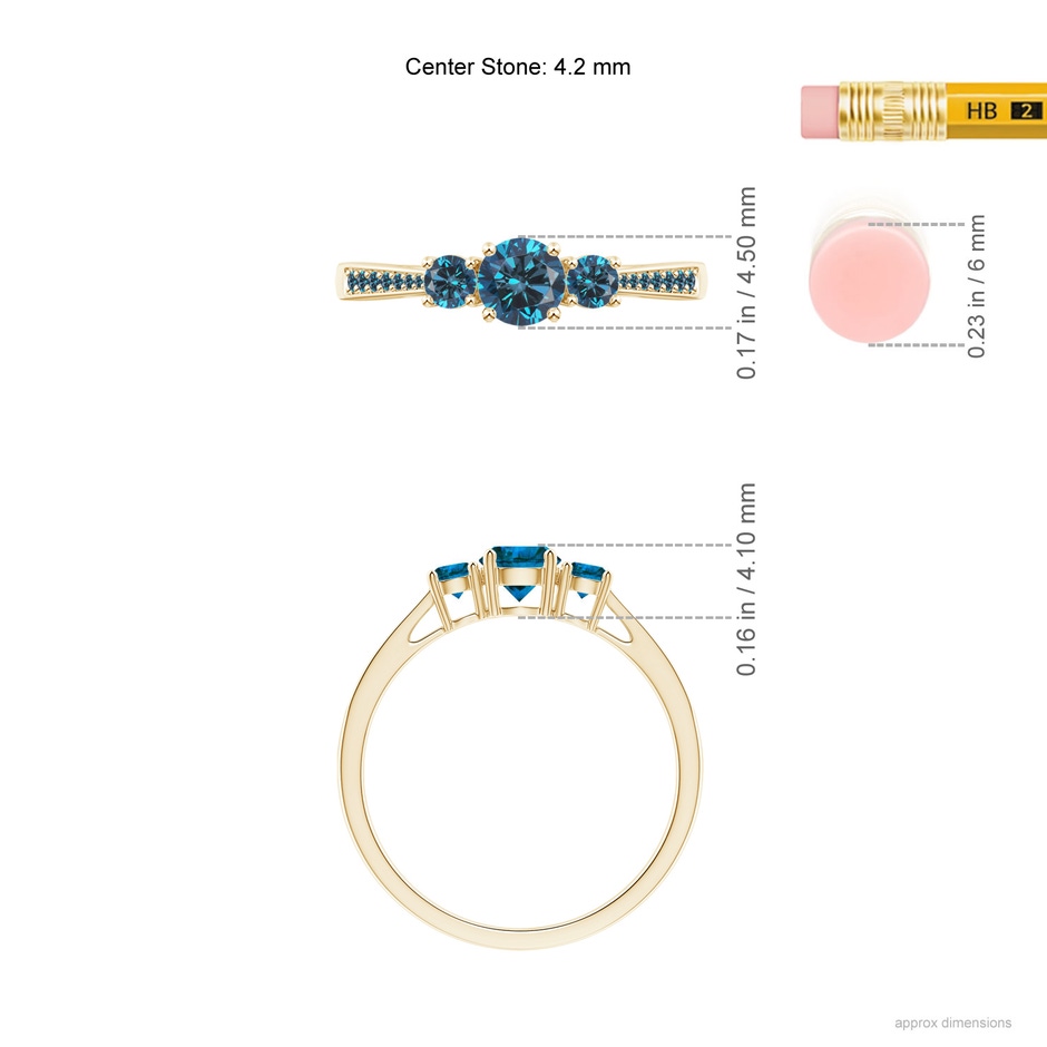 4.2mm AAA Cathedral Three Stone Blue Diamond Engagement Ring in Yellow Gold ruler