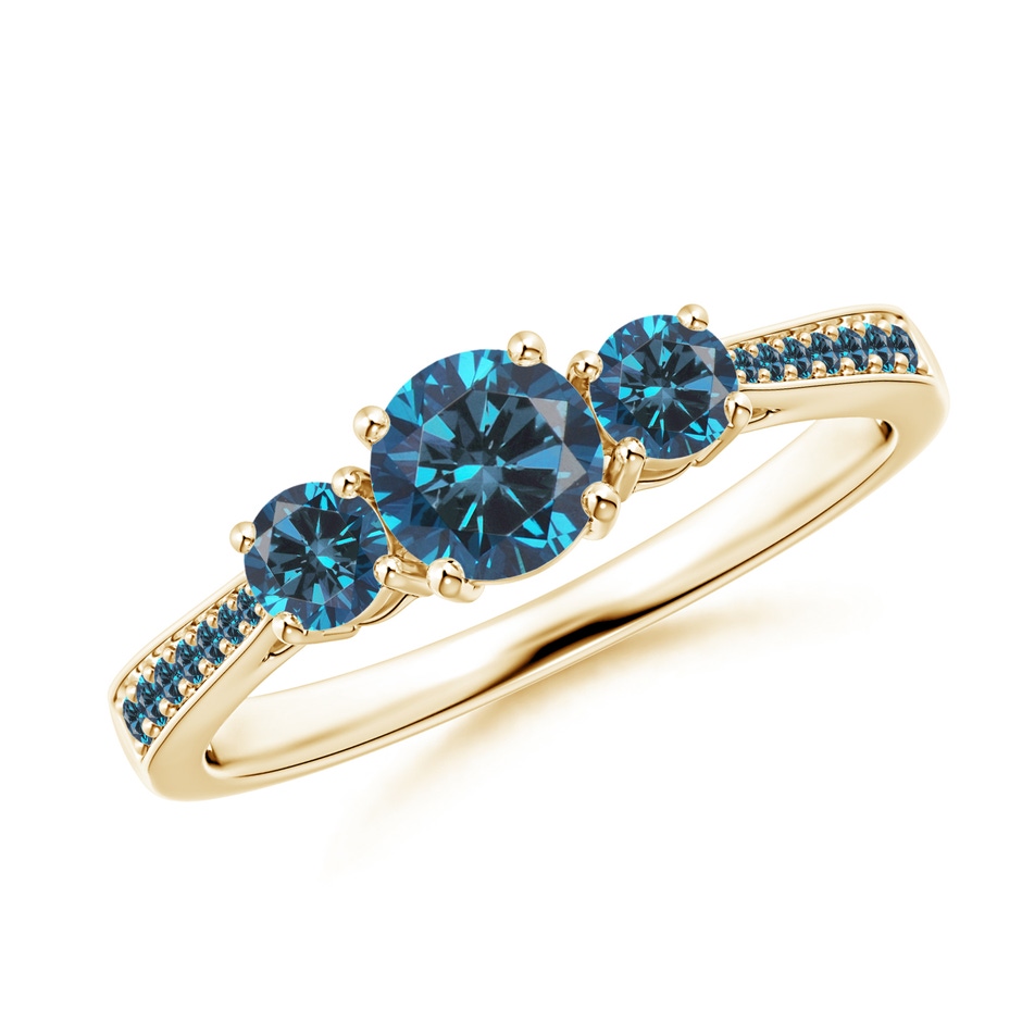 5mm AAA Cathedral Three Stone Blue Diamond Engagement Ring in Yellow Gold 