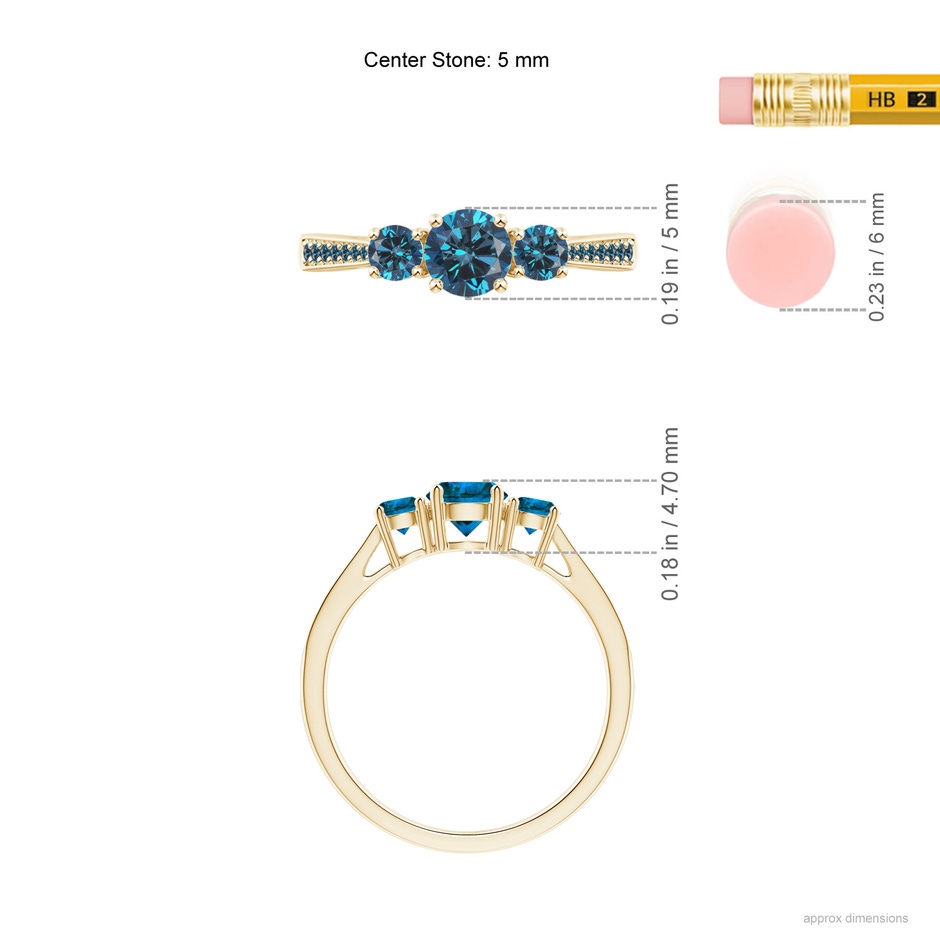 5mm AAA Cathedral Three Stone Blue Diamond Engagement Ring in Yellow Gold ruler