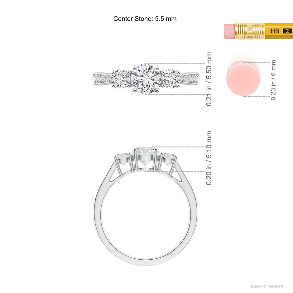 5.5mm HSI2 Cathedral Three Stone Diamond Engagement Ring in White Gold ruler