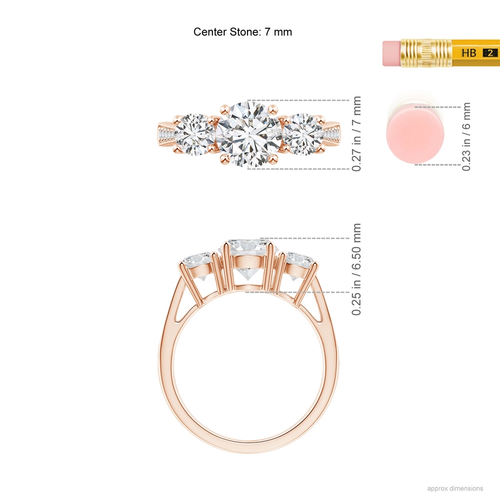 7mm HSI2 Cathedral Three Stone Diamond Engagement Ring in Rose Gold ruler