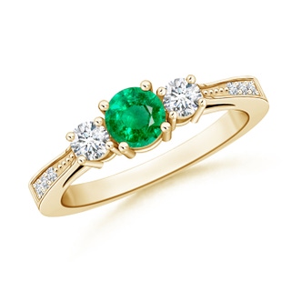 5mm AAA Cathedral Three Stone Emerald & Diamond Engagement Ring in 9K Yellow Gold