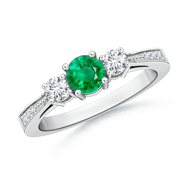 5mm AAA Cathedral Three Stone Emerald & Diamond Engagement Ring in White Gold 