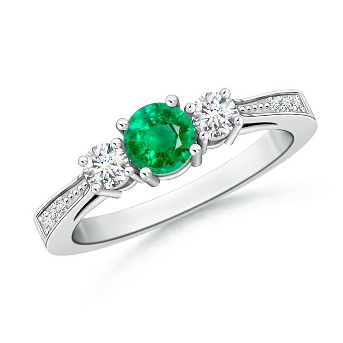 5mm AAA Cathedral Three Stone Emerald & Diamond Engagement Ring in White Gold