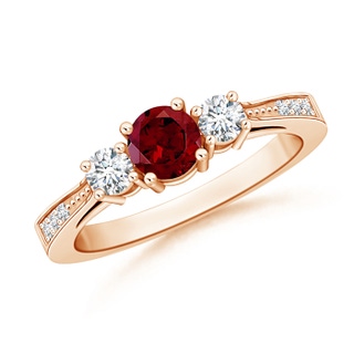 5mm AAA Cathedral Three Stone Garnet & Diamond Engagement Ring in Rose Gold