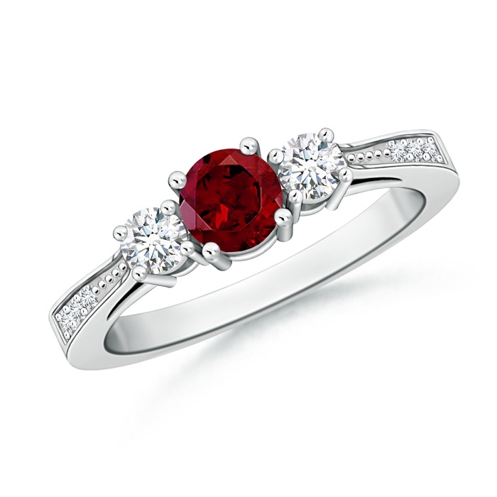 5mm AAA Cathedral Three Stone Garnet & Diamond Engagement Ring in White Gold
