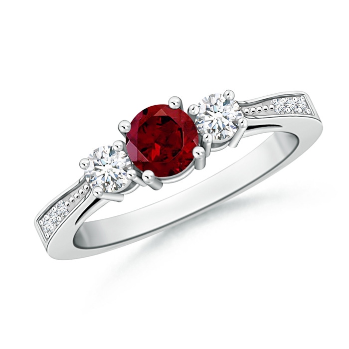 5mm AAA Cathedral Three Stone Garnet & Diamond Engagement Ring in White Gold 