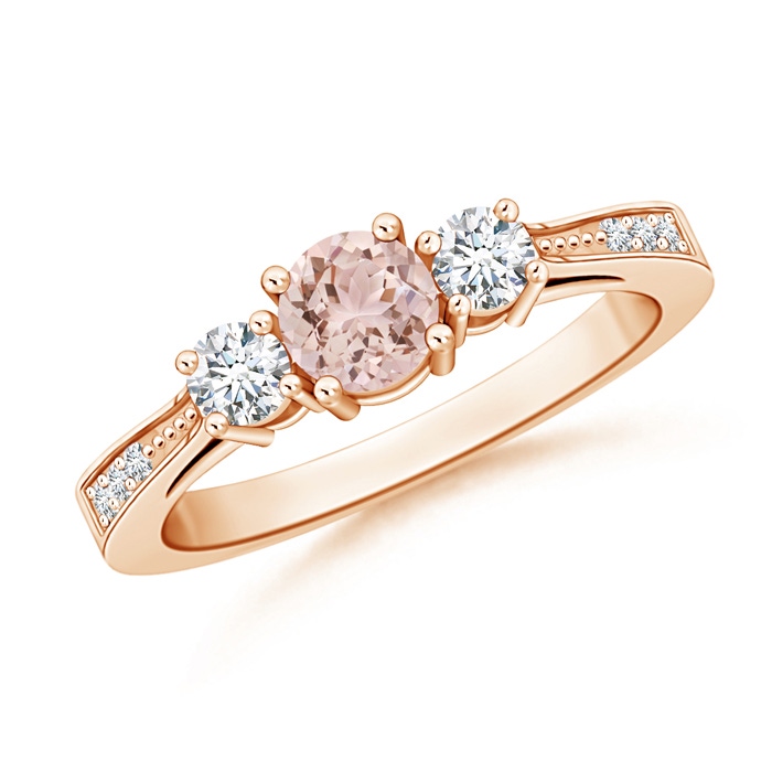 5mm AAA Cathedral Three Stone Morganite & Diamond Engagement Ring in Rose Gold 