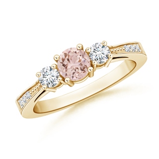 5mm AAA Cathedral Three Stone Morganite & Diamond Engagement Ring in Yellow Gold