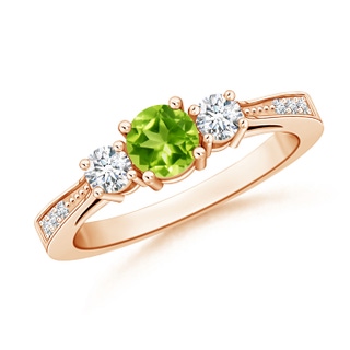 5mm AAA Cathedral Three Stone Peridot & Diamond Engagement Ring in Rose Gold