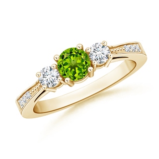 5mm AAAA Cathedral Three Stone Peridot & Diamond Engagement Ring in Yellow Gold