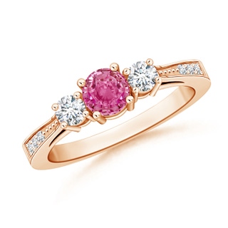 5mm AAA Cathedral Three Stone Pink Sapphire & Diamond Engagement Ring in Rose Gold