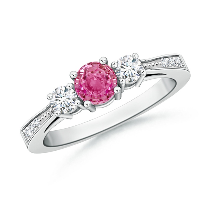 5mm AAA Cathedral Three Stone Pink Sapphire & Diamond Engagement Ring in White Gold