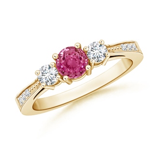 5mm AAAA Cathedral Three Stone Pink Sapphire & Diamond Engagement Ring in Yellow Gold