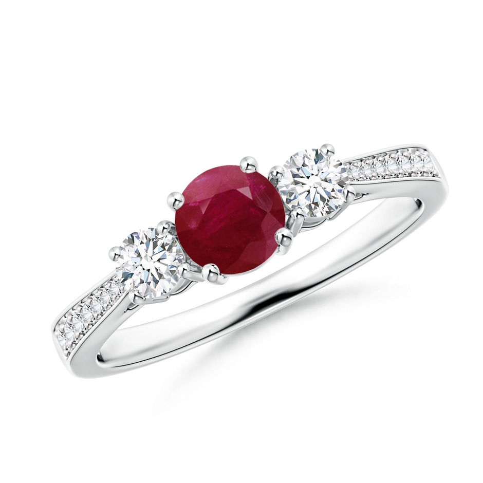 5mm A Cathedral Three Stone Ruby & Diamond Engagement Ring in White Gold 