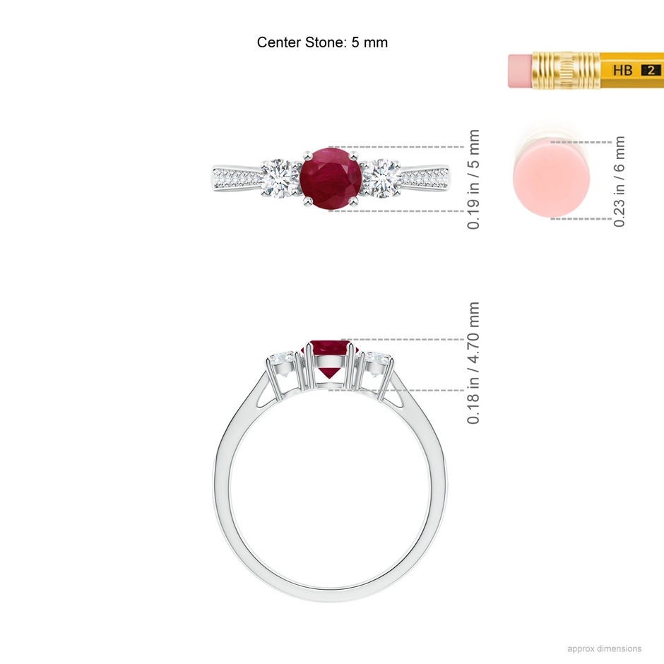 5mm A Cathedral Three Stone Ruby & Diamond Engagement Ring in White Gold ruler