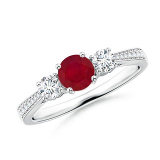 5mm AA Cathedral Three Stone Ruby & Diamond Engagement Ring in P950 Platinum