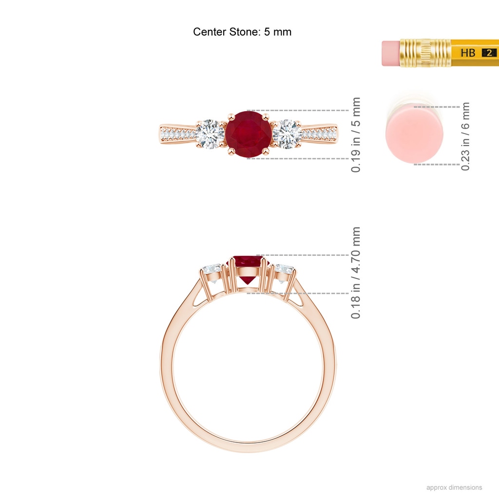 5mm AA Cathedral Three Stone Ruby & Diamond Engagement Ring in Rose Gold Ruler