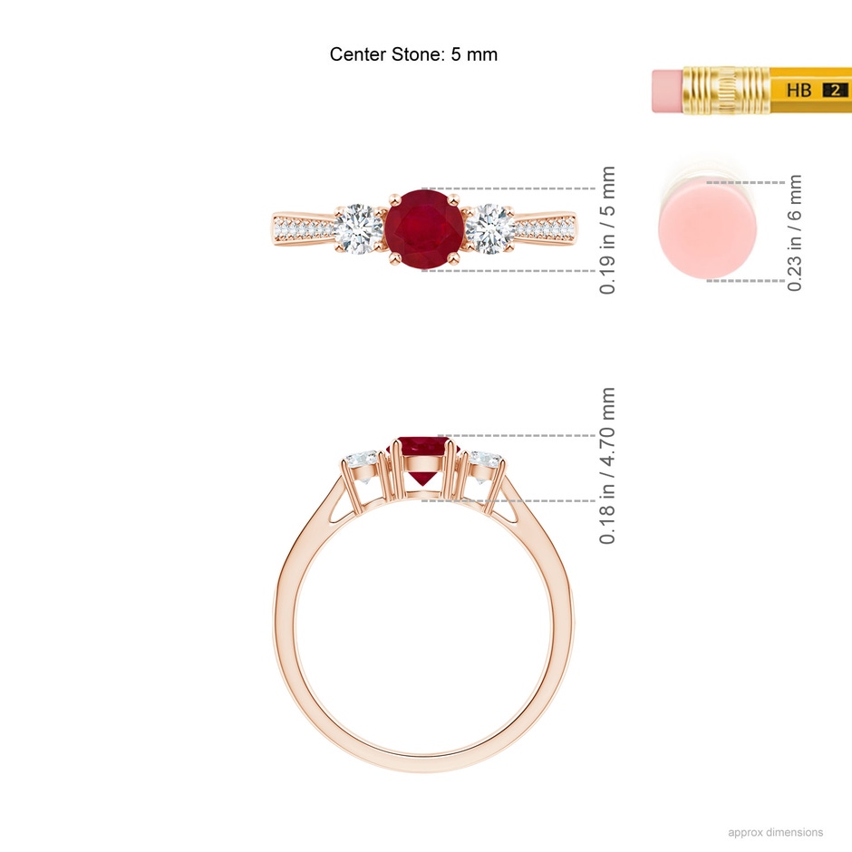 5mm AA Cathedral Three Stone Ruby & Diamond Engagement Ring in Rose Gold ruler