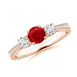 5mm AAA Cathedral Three Stone Ruby & Diamond Engagement Ring in 9K Rose Gold