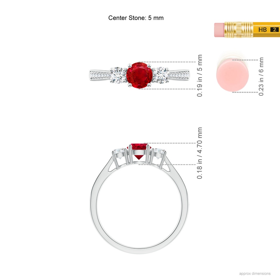 5mm AAA Cathedral Three Stone Ruby & Diamond Engagement Ring in P950 Platinum ruler