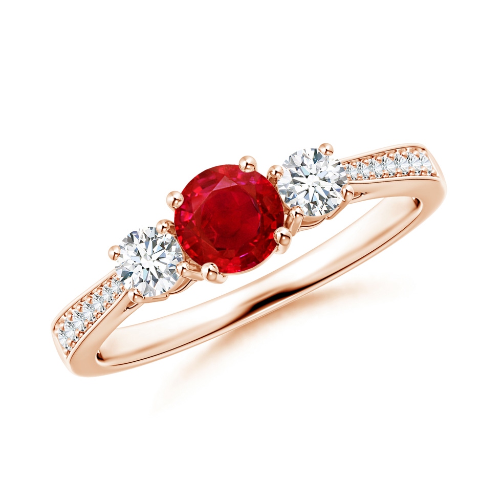 5mm AAA Cathedral Three Stone Ruby & Diamond Engagement Ring in Rose Gold 