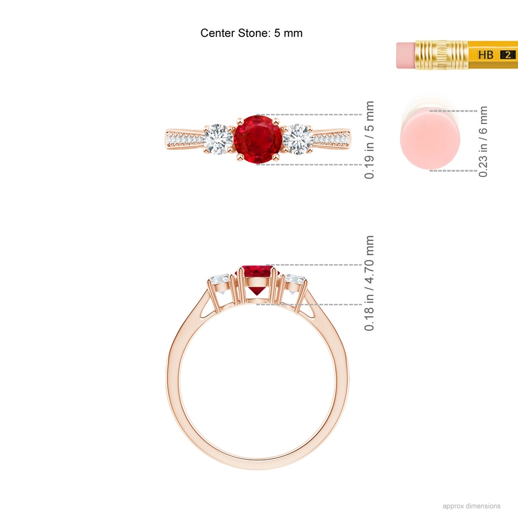 5mm AAA Cathedral Three Stone Ruby & Diamond Engagement Ring in Rose Gold Ruler