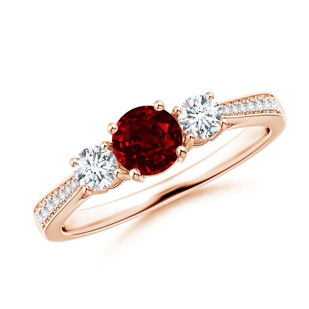5mm AAAA Cathedral Three Stone Ruby & Diamond Engagement Ring in Rose Gold