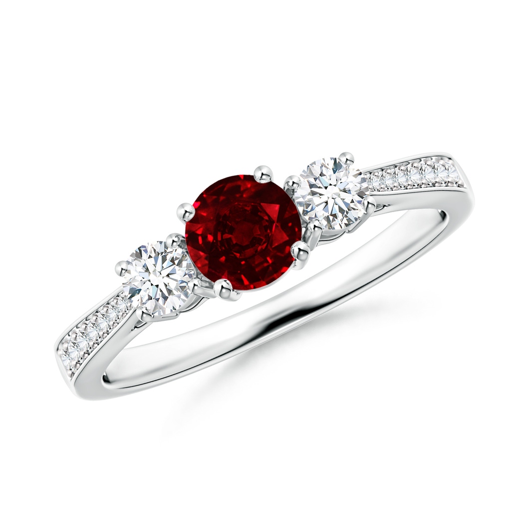 5mm AAAA Cathedral Three Stone Ruby & Diamond Engagement Ring in White Gold