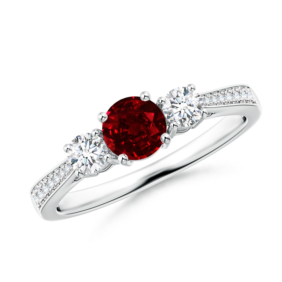 5mm Lab-Grown Cathedral Three Stone Ruby & Diamond Engagement Ring in White Gold 