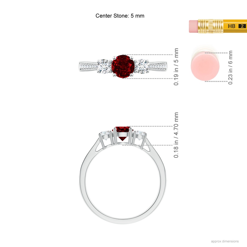 5mm Lab-Grown Cathedral Three Stone Ruby & Diamond Engagement Ring in White Gold ruler