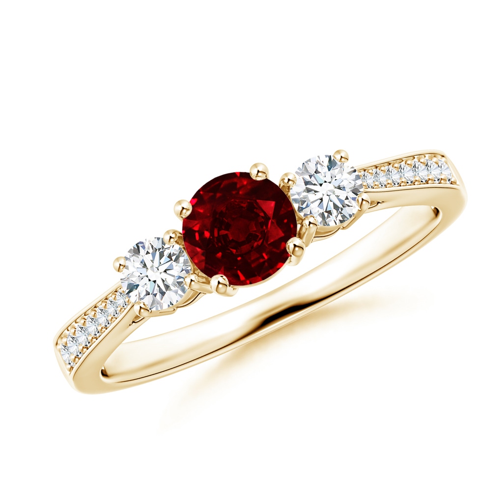 5mm AAAA Cathedral Three Stone Ruby & Diamond Engagement Ring in Yellow Gold