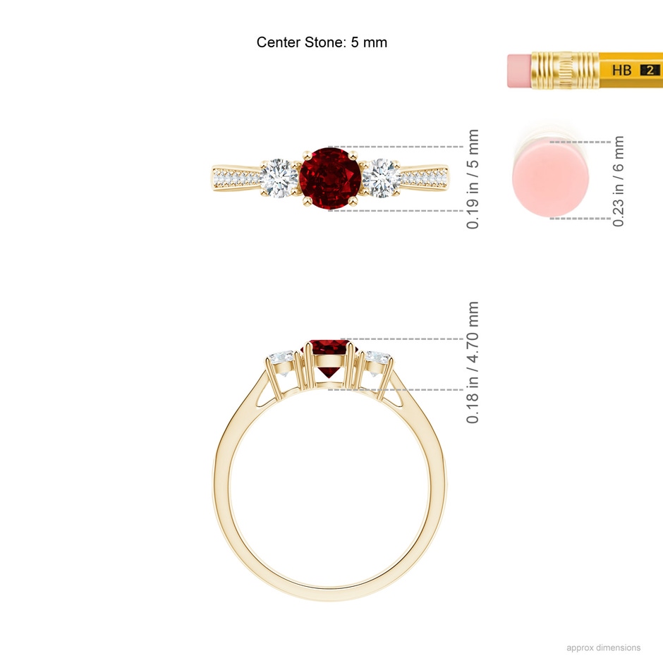 5mm AAAA Cathedral Three Stone Ruby & Diamond Engagement Ring in Yellow Gold ruler