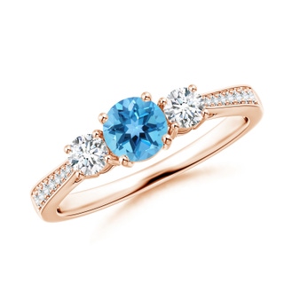 5mm AA Cathedral Three Stone Swiss Blue Topaz Engagement Ring in 9K Rose Gold